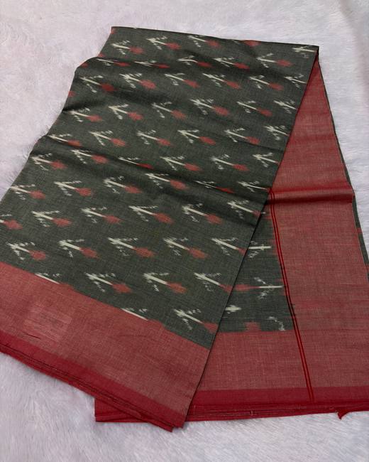 Pochampally Ikkat Handwoven Cotton Saree in Olive with Maroon