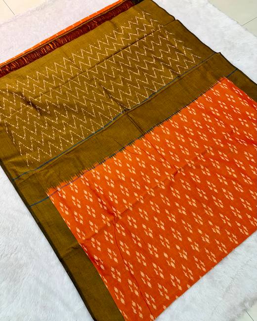 Pochampally Ikkat Handwoven Cotton Saree in Olive with Orange