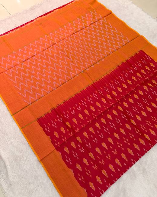 Pochampally Ikkat Handwoven Cotton Saree in Orange with Red