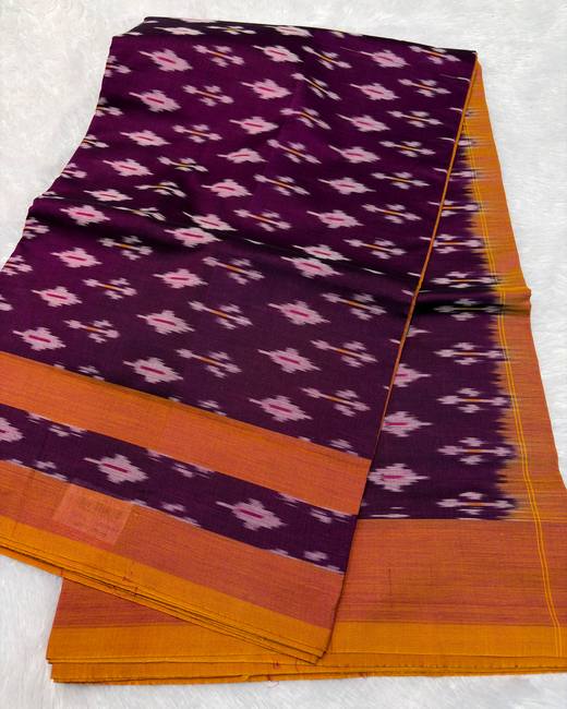 Pochampally Ikkat Handwoven Cotton Saree in Purple with Mustard