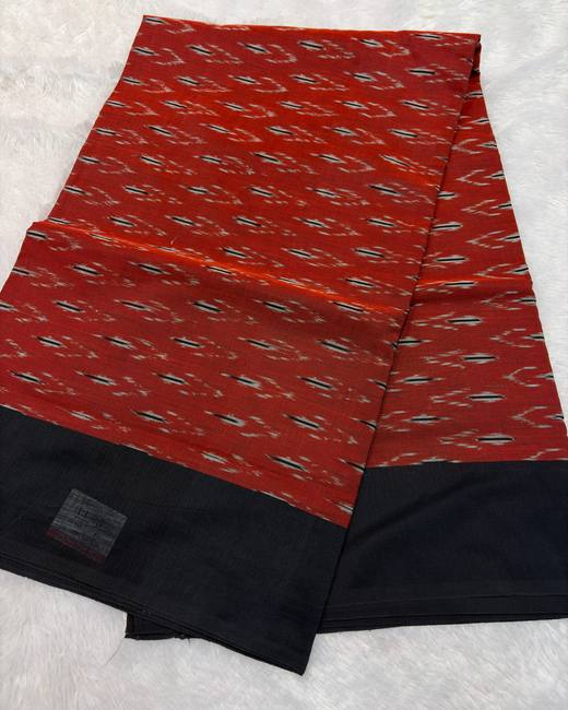Pochampally Ikkat Handwoven Cotton Saree in Rust with Black