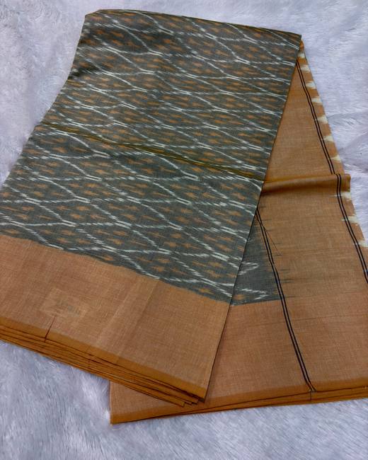 Pochampally Ikkat Handwoven Cotton Saree in Sage with Mustard