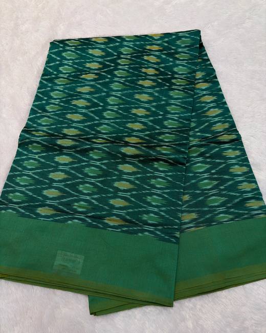 Pochampally Ikkat Handwoven Cotton Saree in Teal with Green