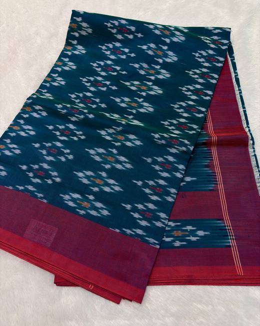 Pochampally Ikkat Handwoven Cotton Saree in TealBlue with Maroon