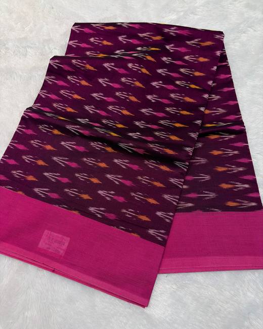 Pochampally Ikkat Handwoven Cotton Saree in Wine with Magenta