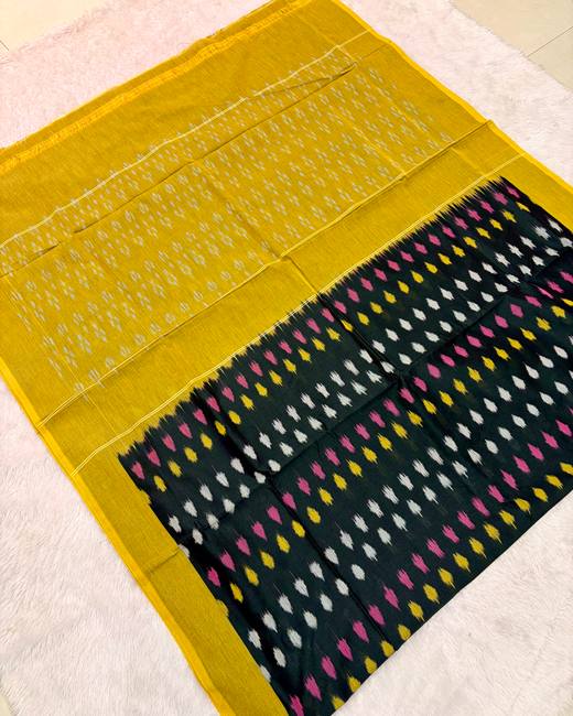 Pochampally Ikkat Handwoven Cotton Saree in Yellow with Black