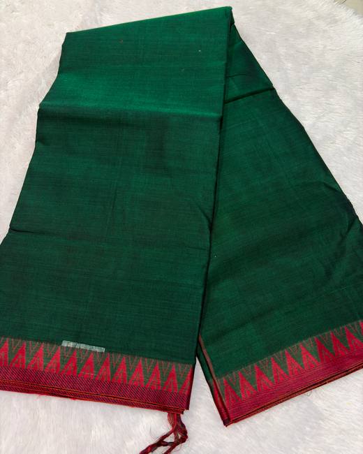 South Cotton Saree with Gadwal Border in BottleGreen with Red