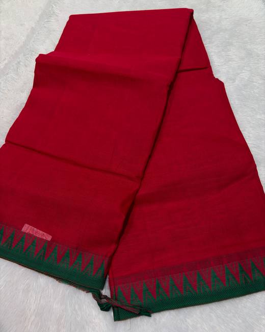 South Cotton Saree with Gadwal Border in Red with Green
