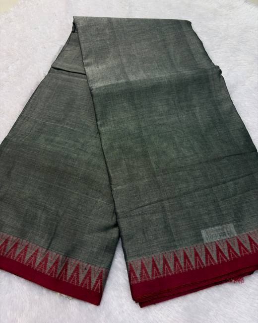 South Cotton Saree with Gadwal Border in Sage with Red