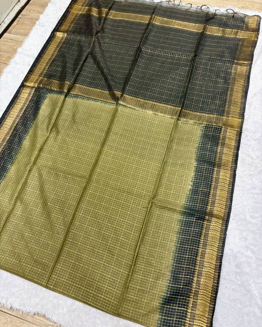 Mangalgiri Checks Bhagalpuri Tassar Saree in Black with Olive