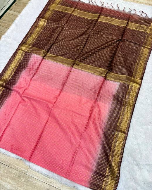 Mangalgiri Checks Bhagalpuri Tassar Saree in Brown with Rose