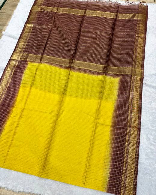 Mangalgiri Checks Bhagalpuri Tassar Saree in Brown with Yellow