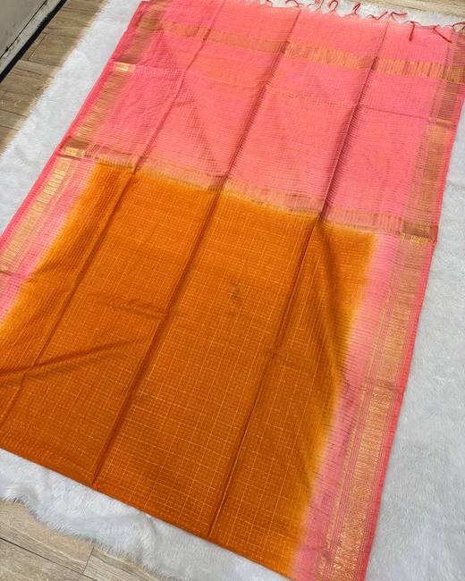 Mangalgiri Checks Bhagalpuri Tassar Saree in Coral with Orange