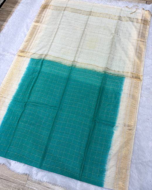 Mangalgiri Checks Bhagalpuri Tassar Saree in Ivory with Teal