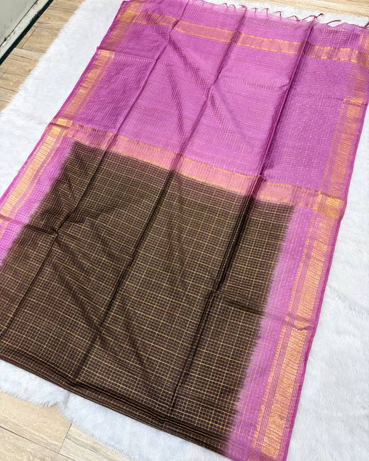 Mangalgiri Checks Bhagalpuri Tassar Saree in Lilac with Brown