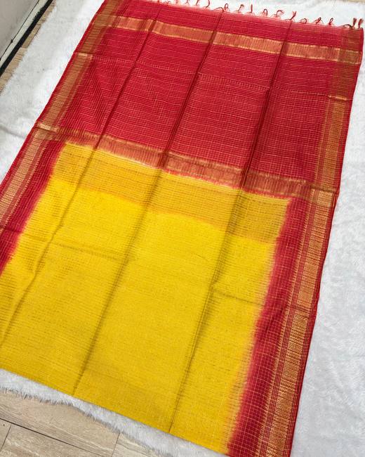 Mangalgiri Checks Bhagalpuri Tassar Saree in Red with Yellow
