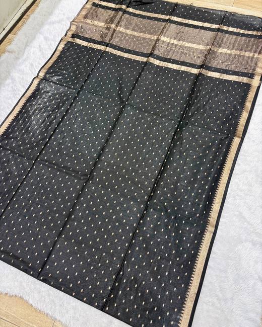 Bhagalpuri Tassar Saree with 1000 Butis in Black with Gold