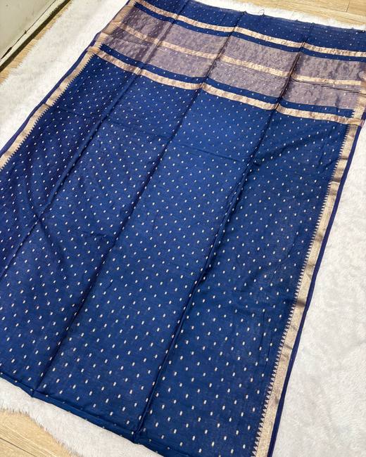 Bhagalpuri Tassar Saree with 1000 Butis in Navy with Gold