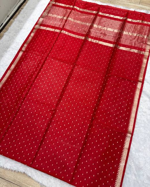 Bhagalpuri Tassar Saree with 1000 Butis in Red with Gold
