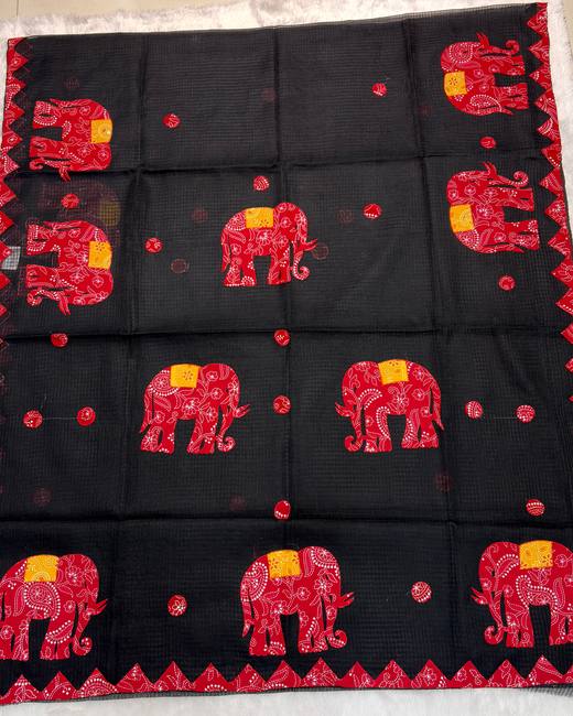 Kota Cotton Saree with Applique Elephants in Black with Red