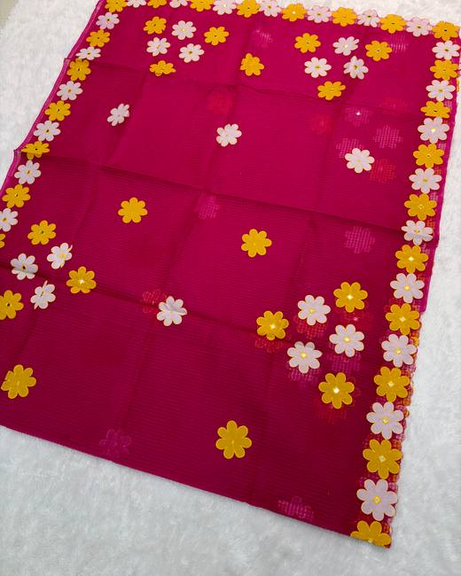 Kota Cotton Saree with Applique Flowers in Magenta with Multi