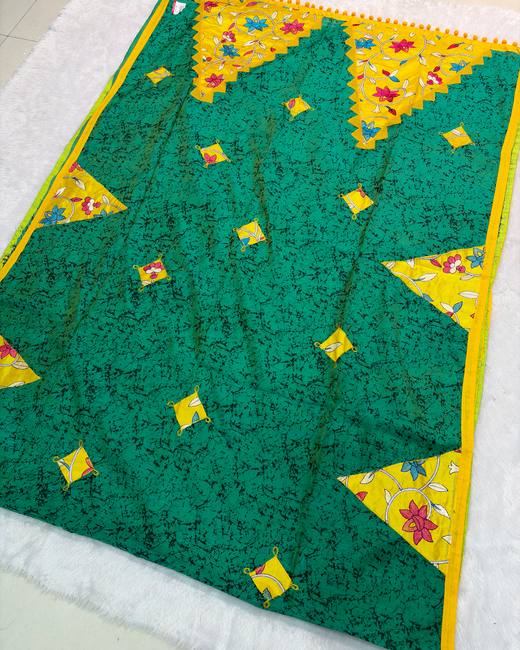Kantha Patchwork Bengal Handloom Saree in Green with Yellow