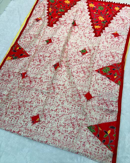 Kantha Patchwork Bengal Handloom Saree in Ivory with Red