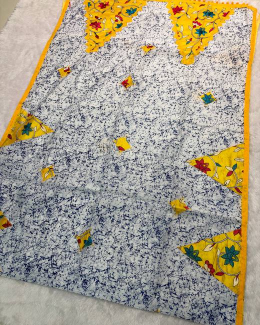Kantha Patchwork Bengal Handloom Saree in Ivory with Yellow