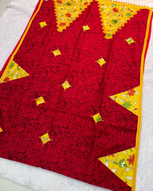 Kantha Patchwork Bengal Handloom Saree in Red with Yellow