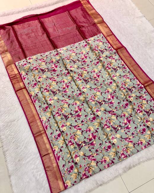 Baapta Tassar Saree with Floral Jaal Print in SageGrey with Magenta