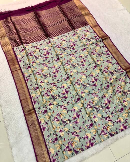 Baapta Tassar Saree with Floral Jaal Print in SageGrey with Maroon
