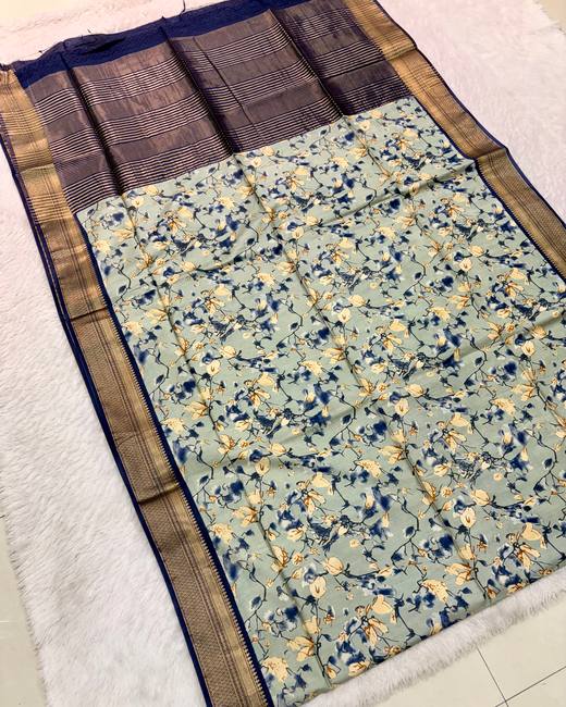 Baapta Tassar Saree with Floral Jaal Print in SageGrey with Navy