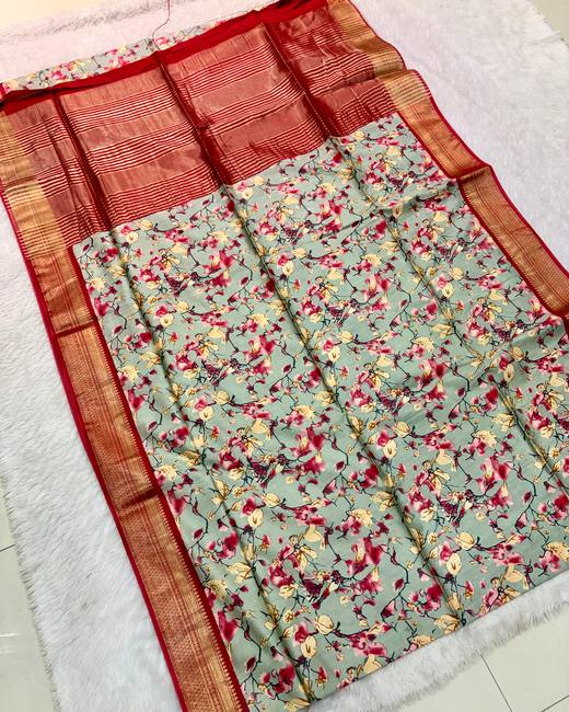 Baapta Tassar Saree with Floral Jaal Print in SageGrey with Red
