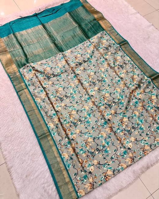 Baapta Tassar Saree with Floral Jaal Print in SageGrey with Teal