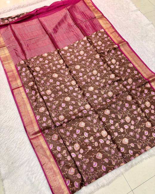 Baapta Tassar Saree with Jaal Print in Brown with Rose