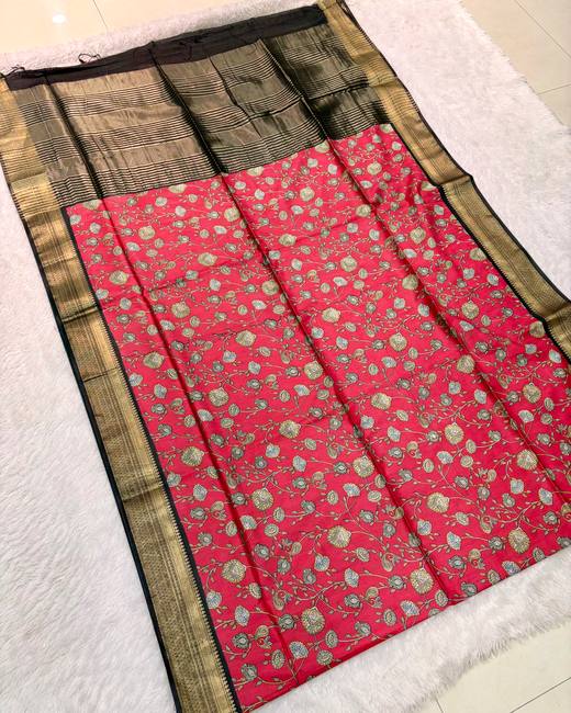 Baapta Tassar Saree with Jaal Print in Coral with Black