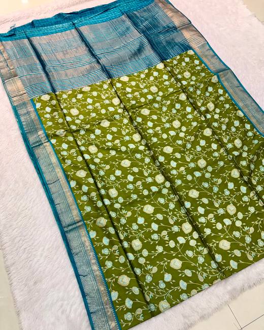 Baapta Tassar Saree with Jaal Print in Olive with Teal