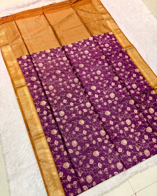 Baapta Tassar Saree with Jaal Print in Purple with Mustard