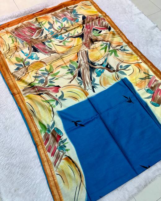 Baapta Tassar Saree with Hand-Painted Border in Blue with Cream