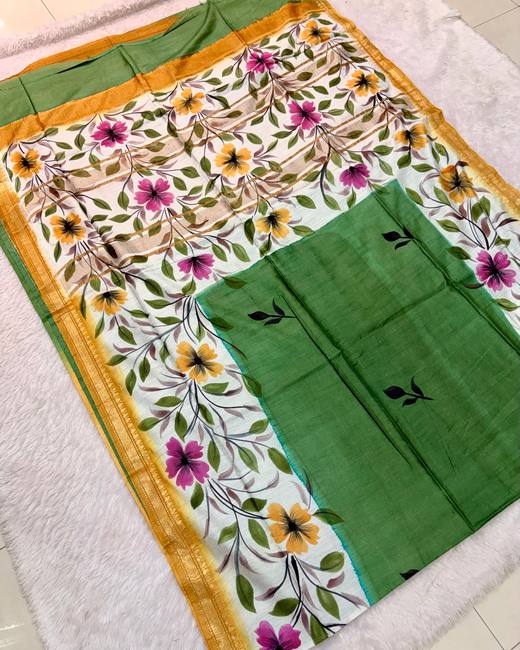 Baapta Tassar Saree with Hand-Painted Border in Green with Cream