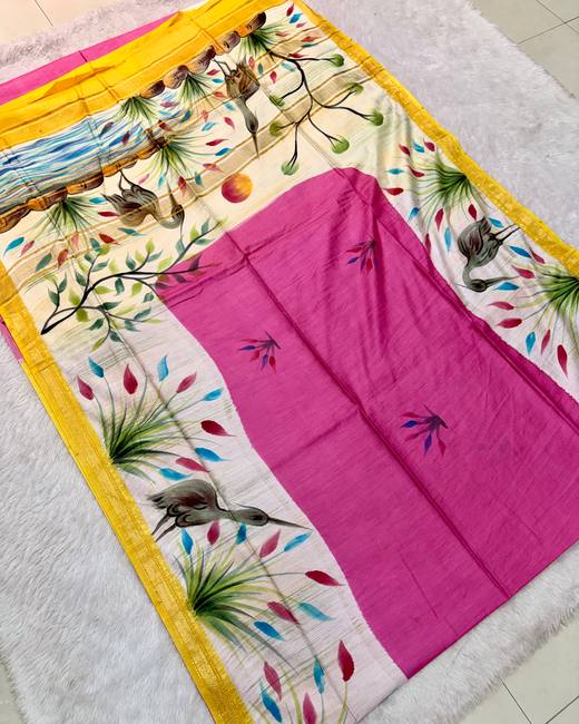 Baapta Tassar Saree with Hand-Painted Border in Pink with Cream