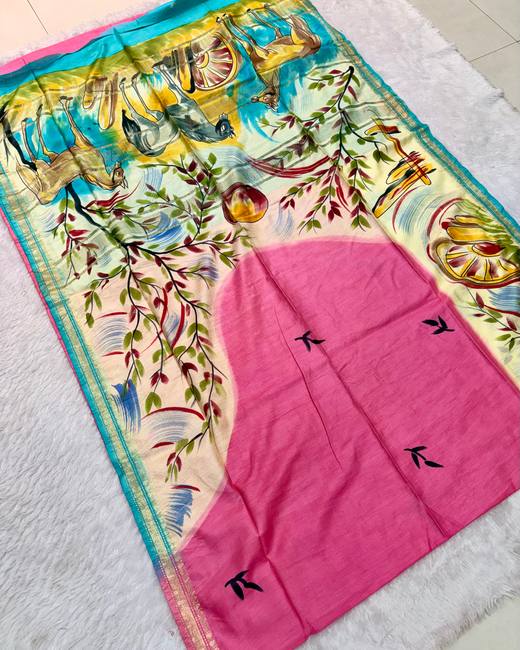 Baapta Tassar Saree with Hand-Painted Border in Pink with Turquoise