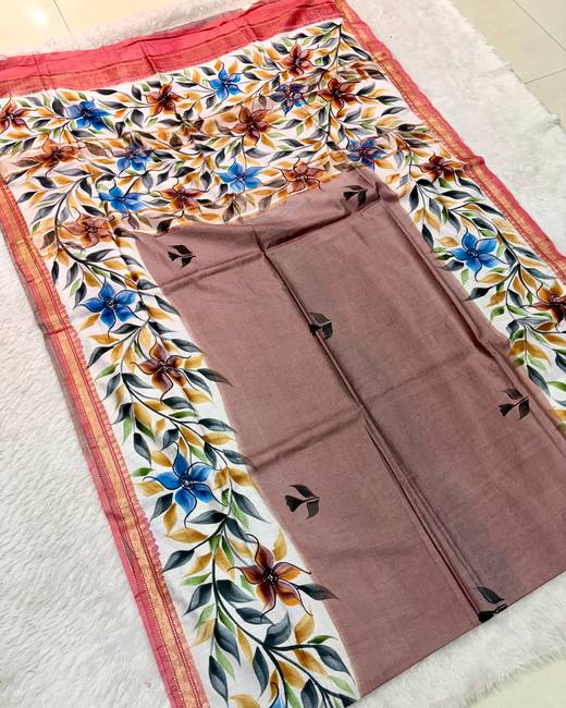 Baapta Tassar Saree with Hand-Painted Border in Taupe with Cream