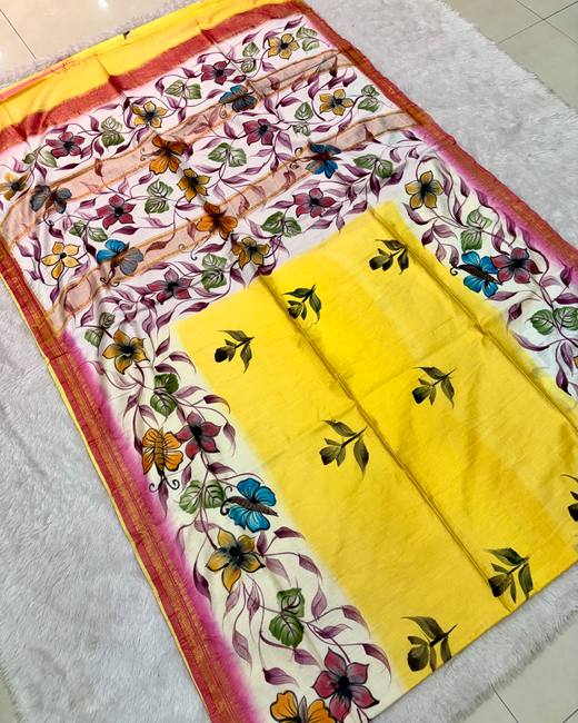 Baapta Tassar Saree with Hand-Painted Border in Yellow with Cream