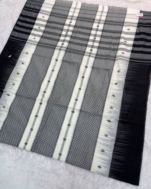 Begumpuri Khadi Cotton Saree in Black with White