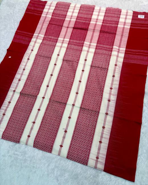 Begumpuri Khadi Cotton Saree in Red with White