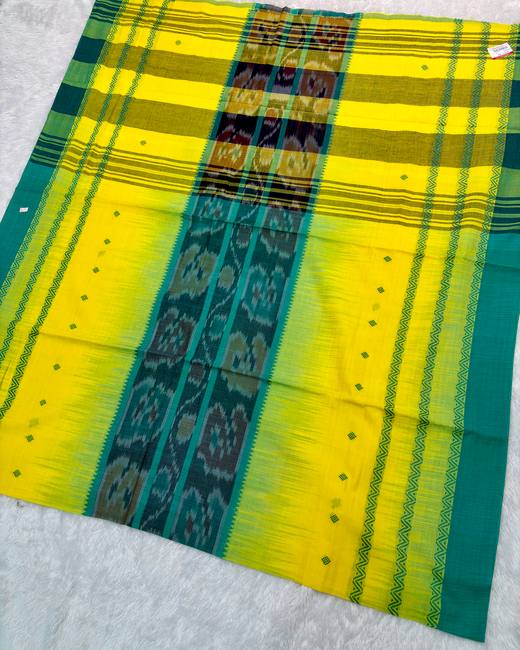 Begumpuri Khadi Cotton Saree in Yellow with Teal