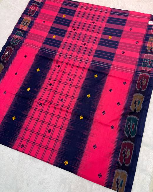 Begumpuri Khadi Cotton Saree with Ikat Bands in Coral with Navy