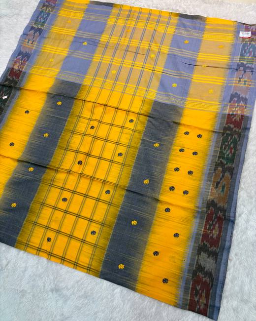 Begumpuri Khadi Cotton Saree with Ikat Bands in Mustard with Grey