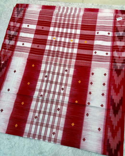 Begumpuri Khadi Cotton Saree with Ikat Bands in Red with White
